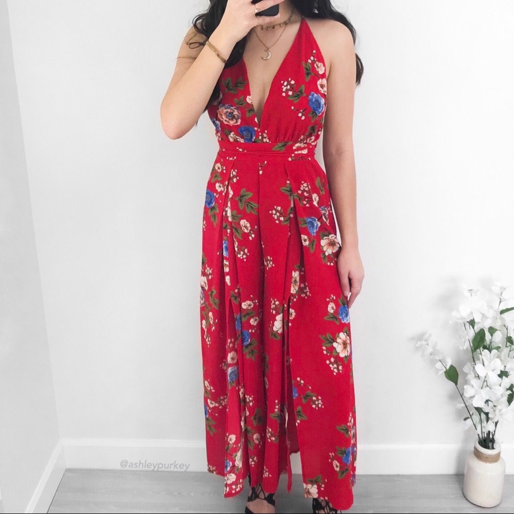Red blue floral plunge strappy slit leg jumpsuit - Picture 2 of 4